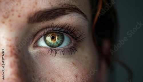 Close up shot of young woman eye. Beautiful green eyes, freckles, ginger hear, summer vibe. 