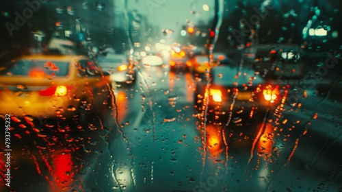 Traffic lights captured through a rainy windshield, adding a cinematic mood to urban driving scenes.