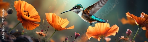 hummingbird, hovering near a bright flower, in a colorful garden, atmosphere of delicacy and speed, macro photography style, avoid showing artificial feeders