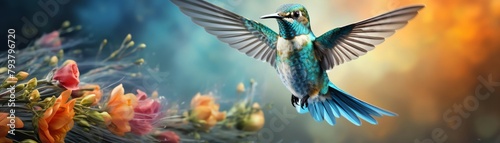 hummingbird, hovering near a bright flower, in a colorful garden, atmosphere of delicacy and speed, macro photography style, avoid showing artificial feeders