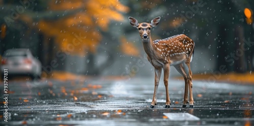 Deer standing road rain