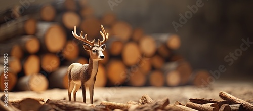 Toy deer near stack of wooden logs