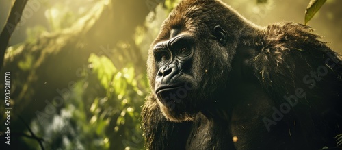 Gorilla staring at camera in forest