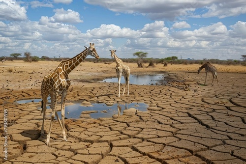 Drought-stricken Savannah: Giraffes struggling to find water amidst dried-up watering holes and wilted vegetation