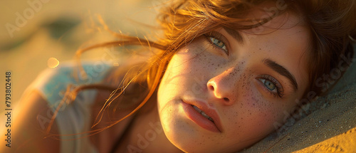 mujer tumbada en la arena de la playa con las sombras del sol de la hora dorada 
