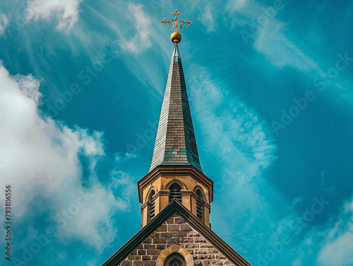Tall church spire with intricate architecture reaching high into the sky on a sunny day.