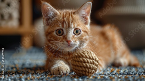 The ginger cat plays with the sisal toy in the house