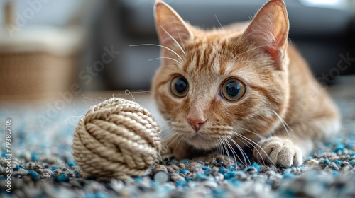 Home video of a ginger cat playing with a sisal toy