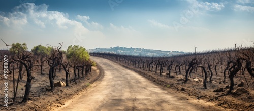 Dirt road winding through vineyard overlooks city