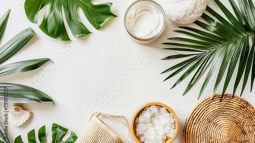 A white background with a bunch of green leaves and a bowl of salt and a bottle of lotion