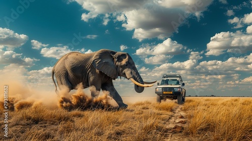 An intense moment as a massive elephant charges at a safari vehicle on a dusty road in the savannah.