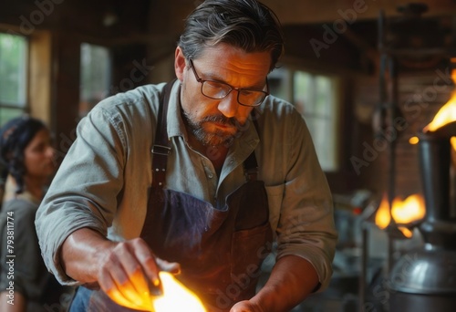 A blacksmith forges metal with a hammer on an anvil in a traditional workshop setting.
