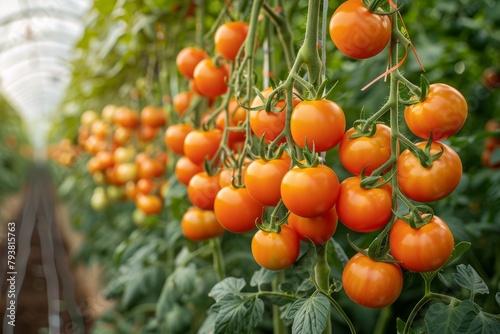 Tomato cascade: ripe fruits hang gracefully in the greenhouse