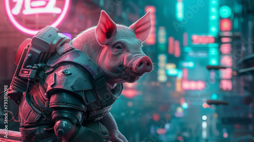 A pig in futuristic armor, patrolling a neonlit cityscape in the sky , hyper realistic, low noise, low texture