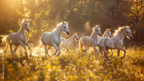 A group of playful unicorn colts frolicking in a sun-dappled clearing