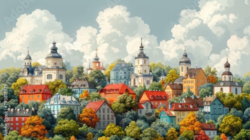 Background with Belarusian country buildings and text. Horizontal orientation banner, flyer, header.