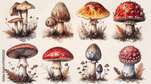 Collection of isolated elements drawn in hand. Set of hallucinogenic mushrooms.