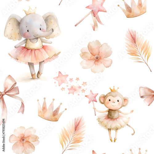 Watercolor seamless pattern with safari animals in ballet skirts, pink bow, flowers, stars. Isolated on white background. Perfect for card, fabric, tags, invitation, printing, wrapping. 