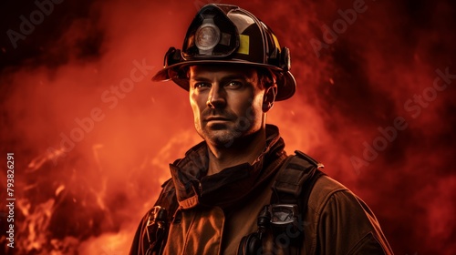 A courageous firefighter stands resilient in front of a blazing fire, ready to battle the flames