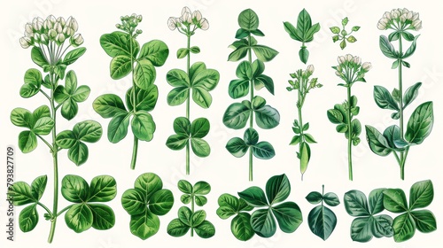 A hand drawn Fenugreek botanical isolated illustration. The set includes leaves, seeds, and a plant. Vintage sketch with color.