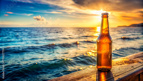Beer bottle on seascape background