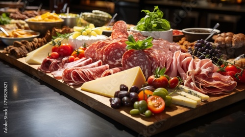 A beautifully arranged platter of assorted meats and cheeses on a rustic table