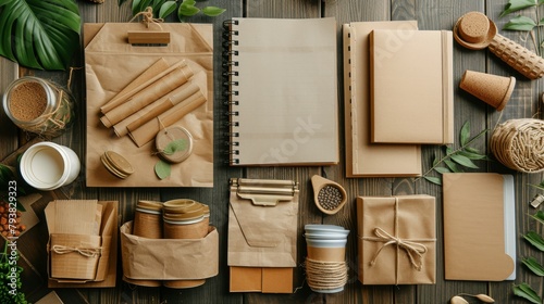 fvarious eco-friendly office supplies and other items made from recycled materials.