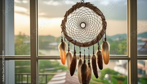 Ethereal Elegance: Close-up of a Wood Twig Dream Catcher Hanging from a Glass Window"