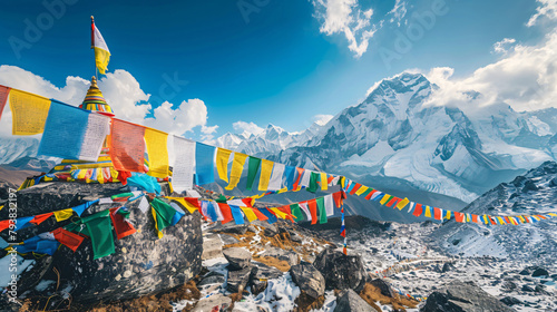 Colorful prayer flags on Thokla pass Everest Base Camp