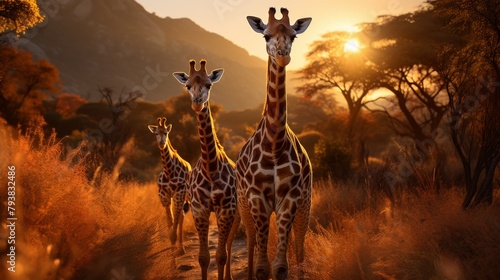 A group of elegant giraffes with long necks and spotted coats standing gracefully in a vast field