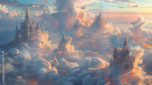 Castle floating among clouds. Generative AI