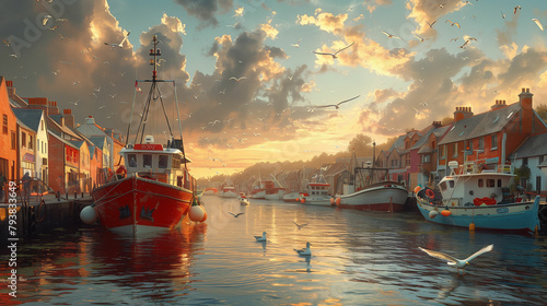 Busy harbor scene with boat painting. Generative AI