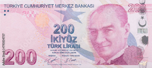 Vector obverse high polygonal pixel mosaic banknote of Turkey. Front side. Denominations of bill 200 lira. Game money of flyer.