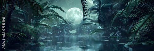 A serene swamp with a full moon in the background creating a peaceful and enchanting night landscape A mystical swamp bathed in moonlight. 