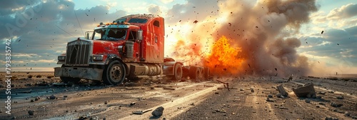 Truck amidst wreckage in accident scene
