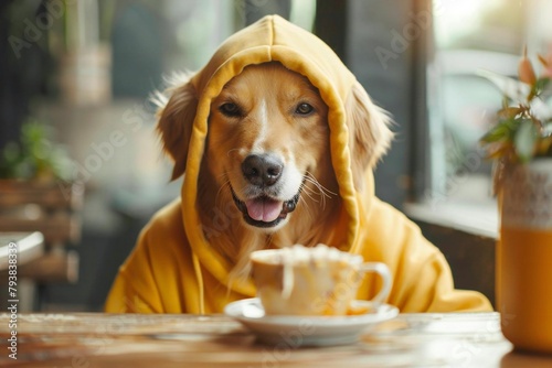 Youthful animal wearing hoodie eating funny breakfast cereal