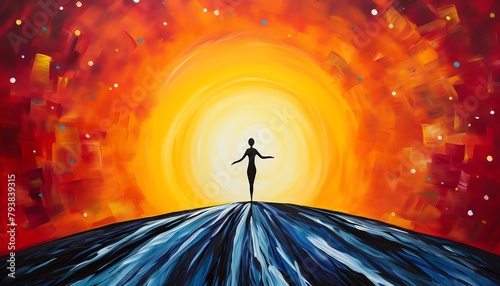 Capture the vibrant energy of a guardian figure standing tall in a serene landscape, blending vibrant colors and serene vibes using acrylic paint