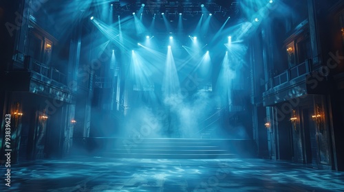Online event entertainment concept. Background for online concert. Blue stage spotlights. Empty stage with blue spotlights. Blue stage lights. . Live streaming concert