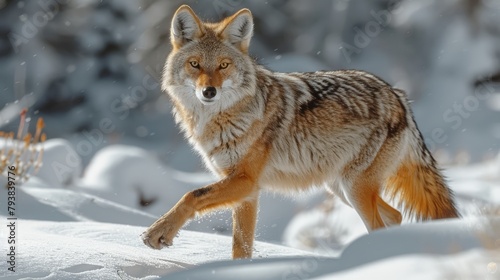 A lone coyote Canis latrans isolated on white background walking and hunting through the snow in Canada