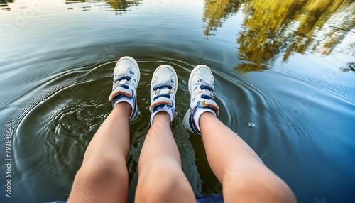 feet on the water, Close-up of kids legs relaxing in lake during hot summer day, top view