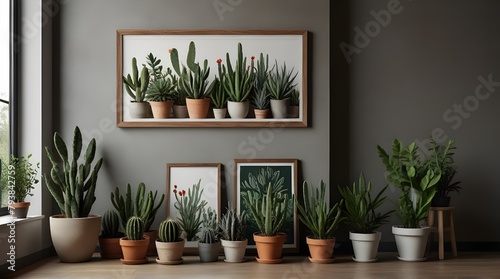 Stylish botany composition of home garden interior with wooden mock up poster frame.generative.ai