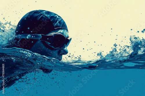 Swimming sport illustration. Male swimmer and splash water, banner with copy space for swimming competition