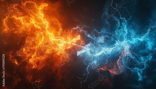 Hot orange and cold blue electrical lightning background 