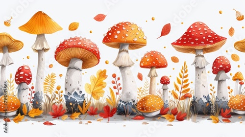 Isolated flat modern illustration of autumn mushrooms in a doodle style. Big and small edible forest fungi with stalks and caps. Food from the woods. Modern illustration with a flat color scheme.