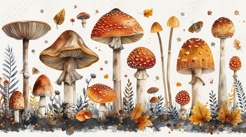 Composition of autumn mushrooms with stalks and caps in doodle style. Fresh food from the woods. Flat modern illustration isolated on white.