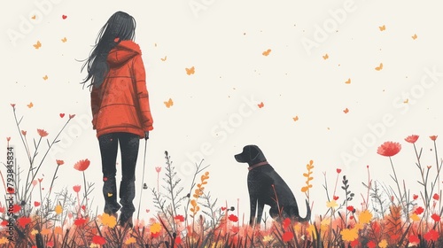 Pet owner and puppy on white background getting ready for a walk and rest in nature. Woman and dog getting ready for a stroll and rest out in the open. Flat modern illustration.