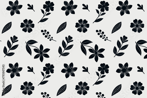 Seamless pattern of cute flower branches with leaves on gray background. Vector illustration 