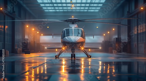 A sleek helicopter faces forward, ready for departure in a misty, dimly lit hangar, with the early morning light casting a reflective sheen on the tiled floor.