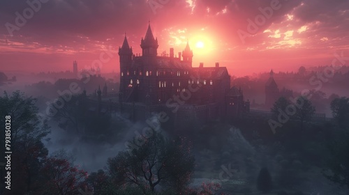 A large castle with a red sunset.