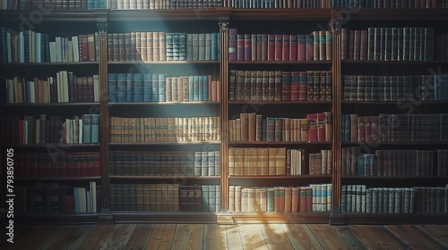 A library with wooden shelves full of old books and a wooden floor.